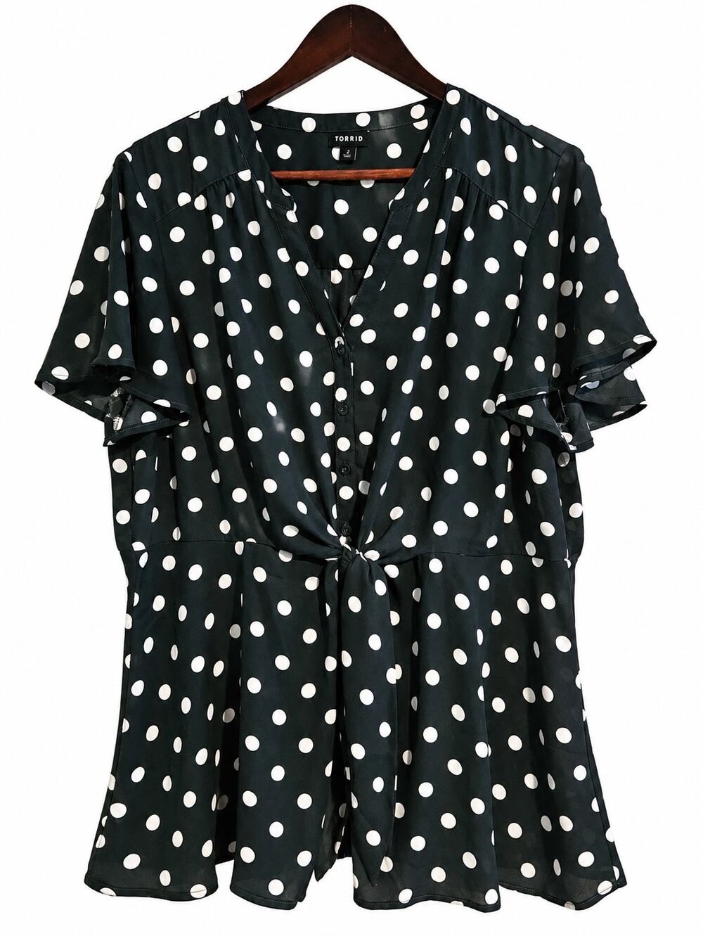 Torrid Size 2 2X Dark Green Polka Dot Tie Front Blouse Flutter Sleeve Plus